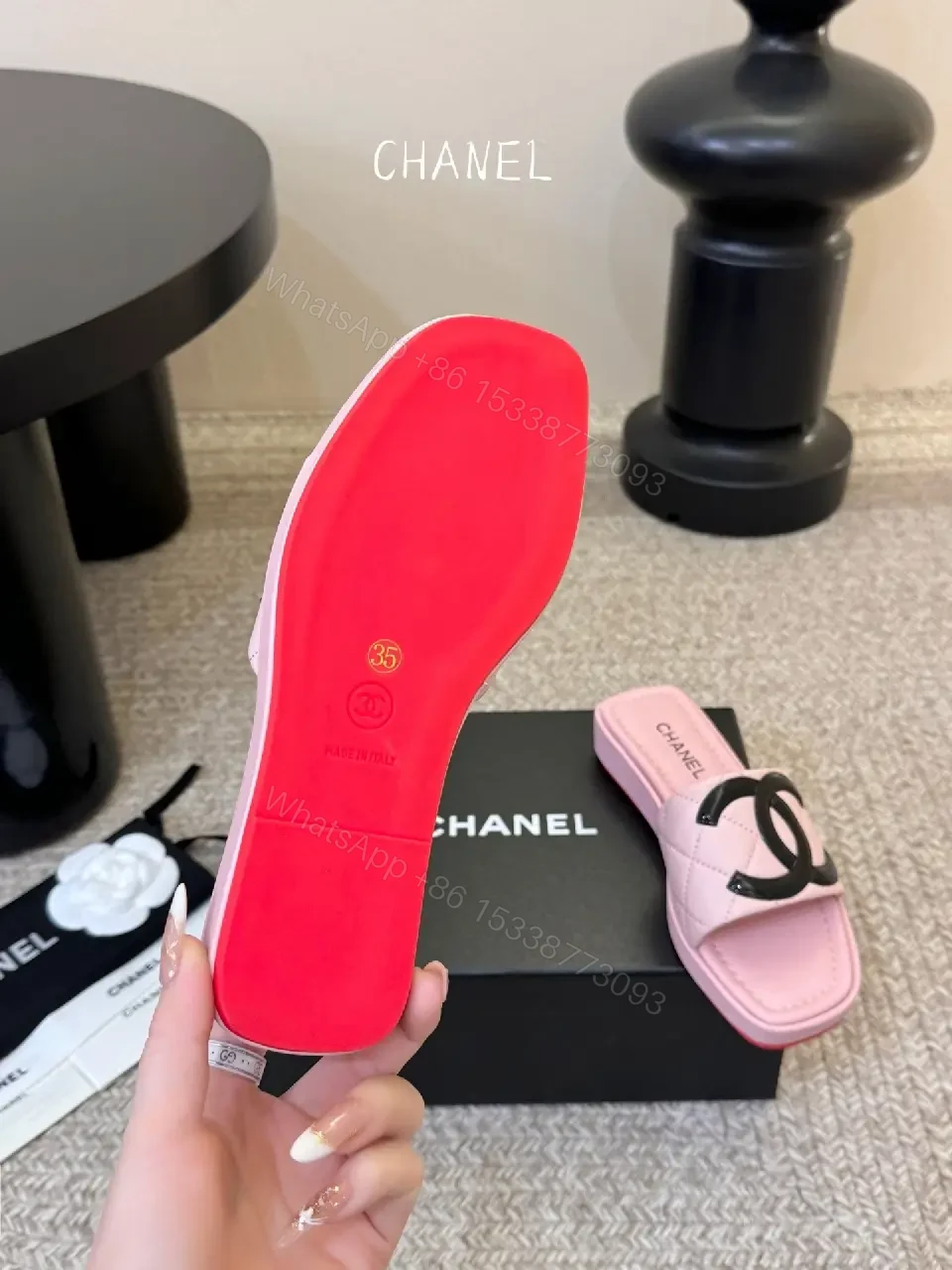 View 2 of Pastel Pink Faux-Leather Slides with Logo Hardware