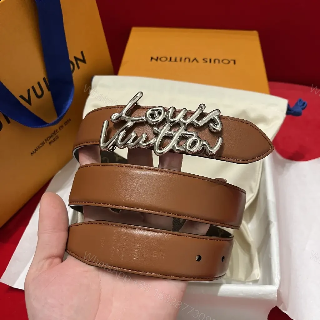 View 9 of Brown Leather Belt with Script Buckle – Modern Luxury Belt
