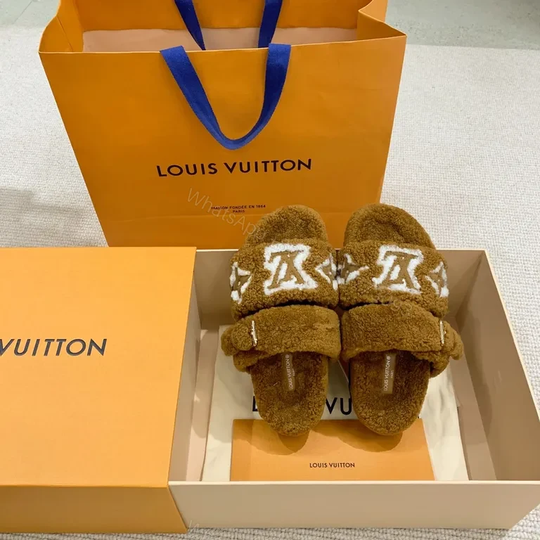 View 3 of Plush LV Monogram Fur Slides â€“ All-Day Luxury Comfort