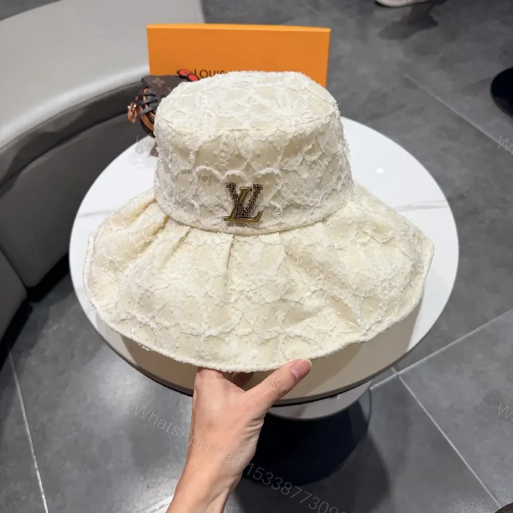 View 3 of Cream Lace Bucket Hat with Gold Accent Emblem, Ivory Crown Hat