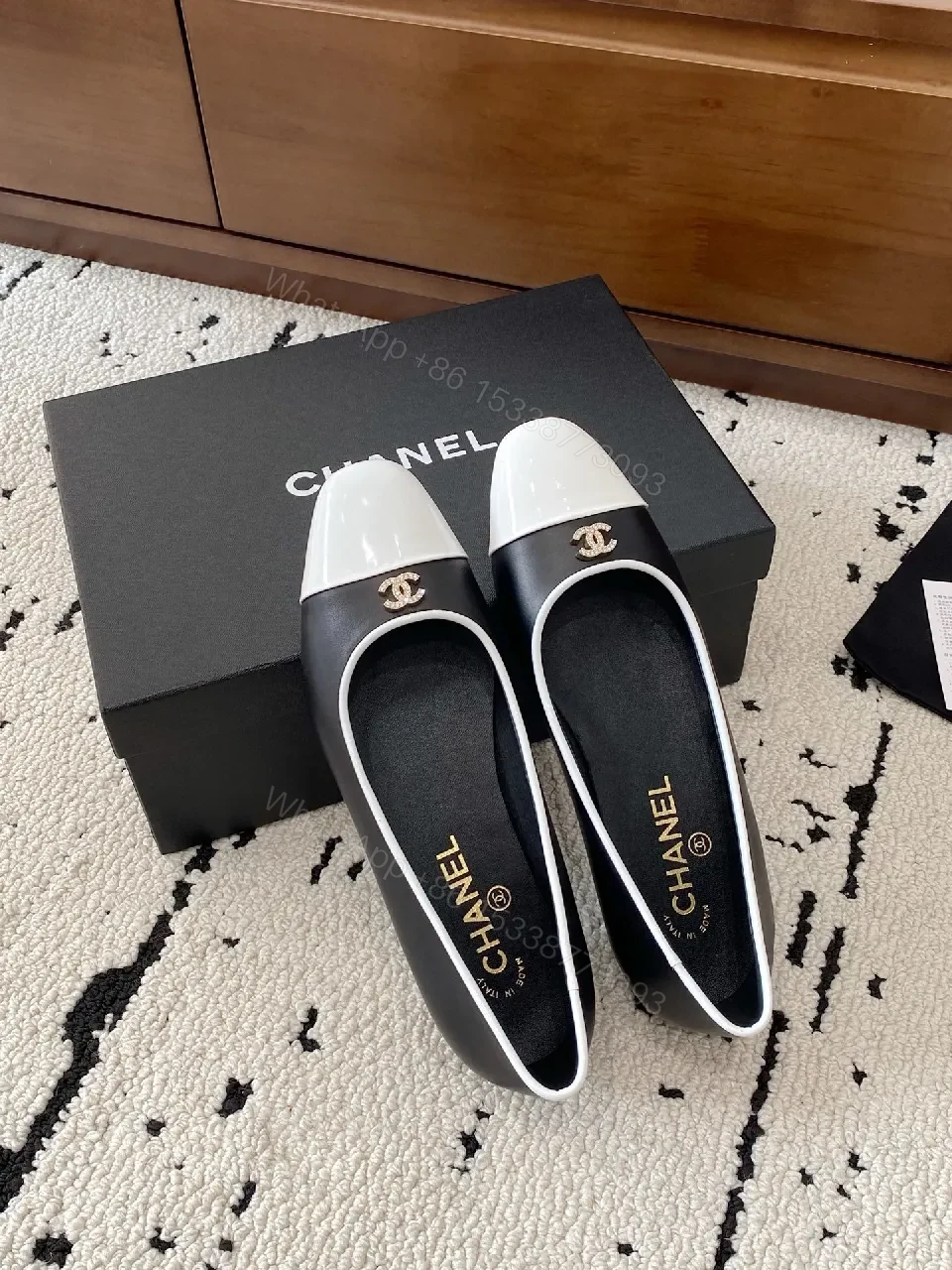 View 6 of Two-Tone Leather Slip-On Flats with White Cap Toe