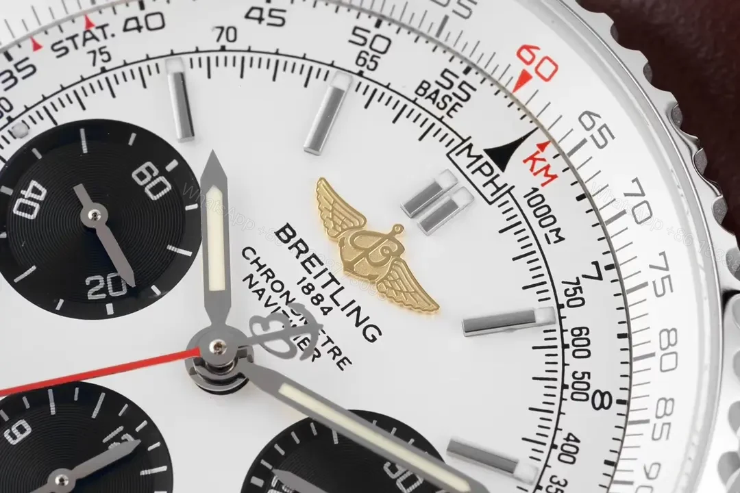 View 4 of V7 Factory Breitling Navitimer B01 Chronograph Panda Dial Watch – Stainless Steel Case, Brown Leather Strap, 43mm