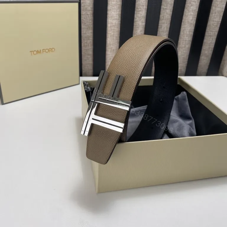 View 8 of Taupe Full-Grain Leather Belt with Signature TF Buckle