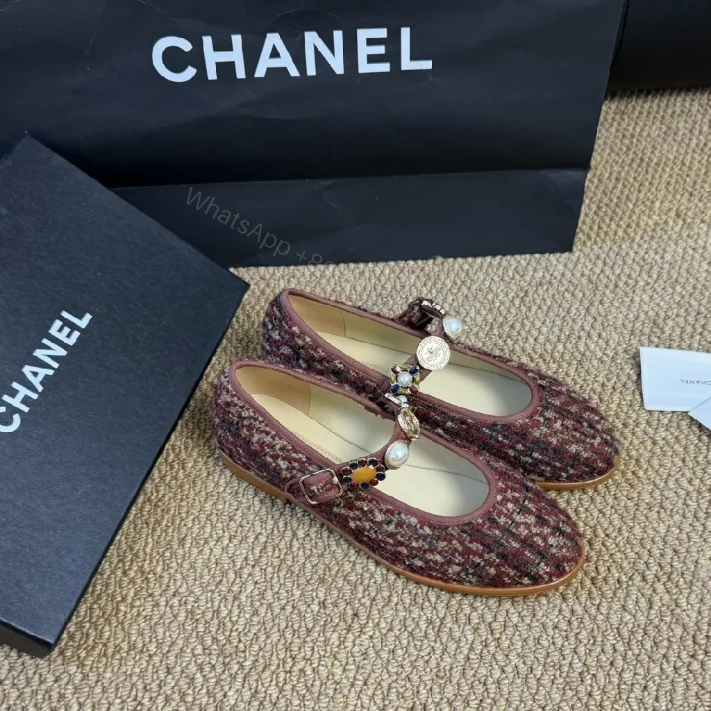 View 2 of Tweed Ballet Flats with Embellished Strap - Luxe Comfort Flats