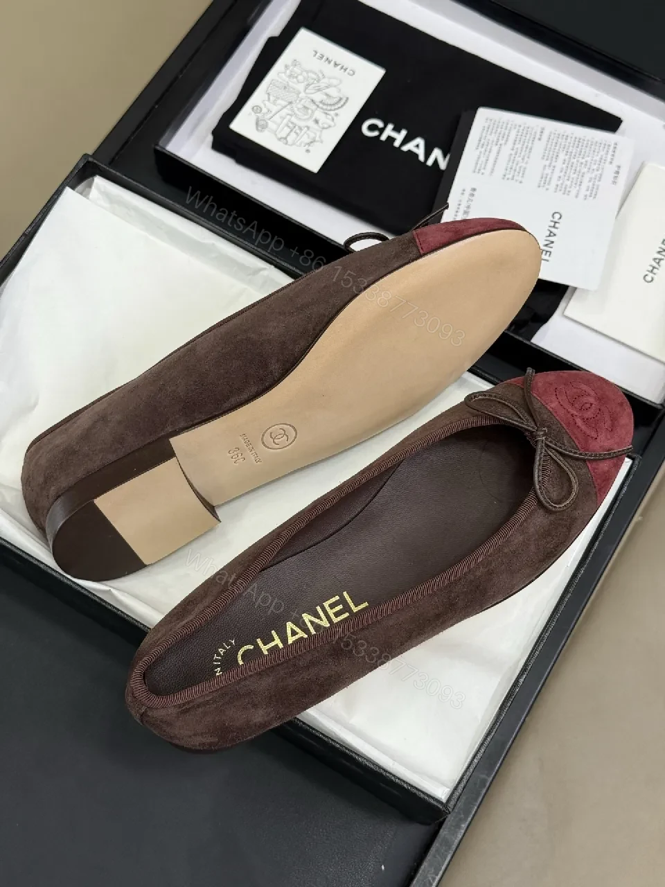View 6 of Two-Tone Burgundy Suede Ballet Flats with Bow and Embossed Toe