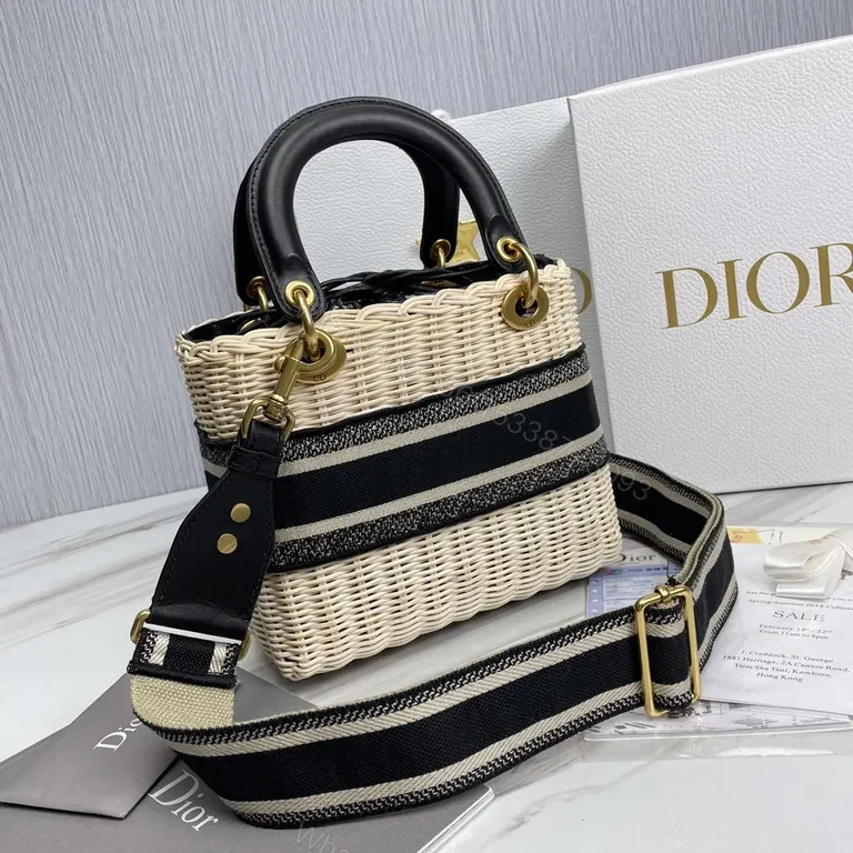 View 3 of Dior Structured Straw Handbag with Leather Trim & Logo Band