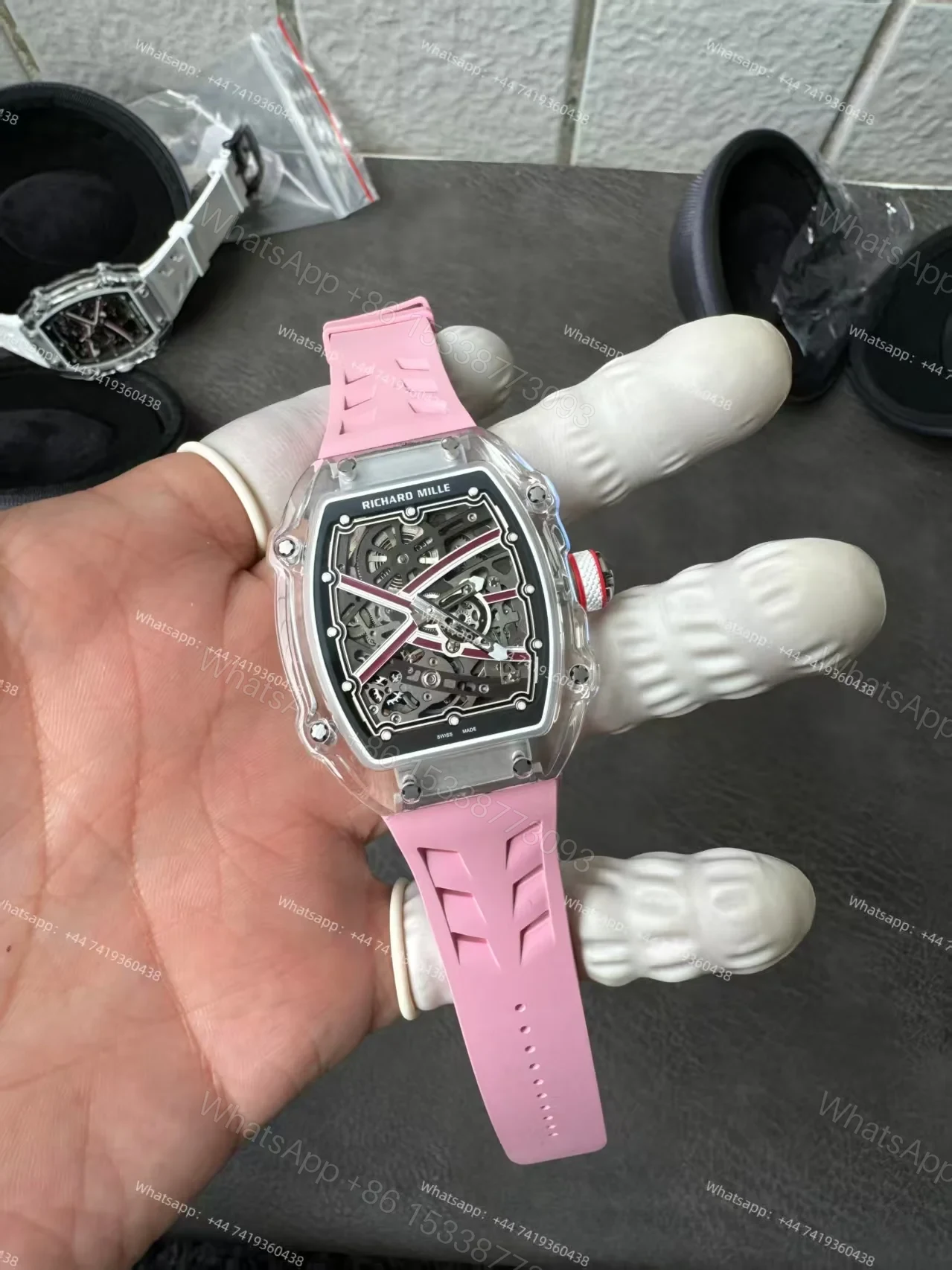 View 16 of Super Clone Richard Mille RM67-02 Sapphire Crystal Skeleton Tourbillon 1:1 Replica Watch with Pink Rubber Strap