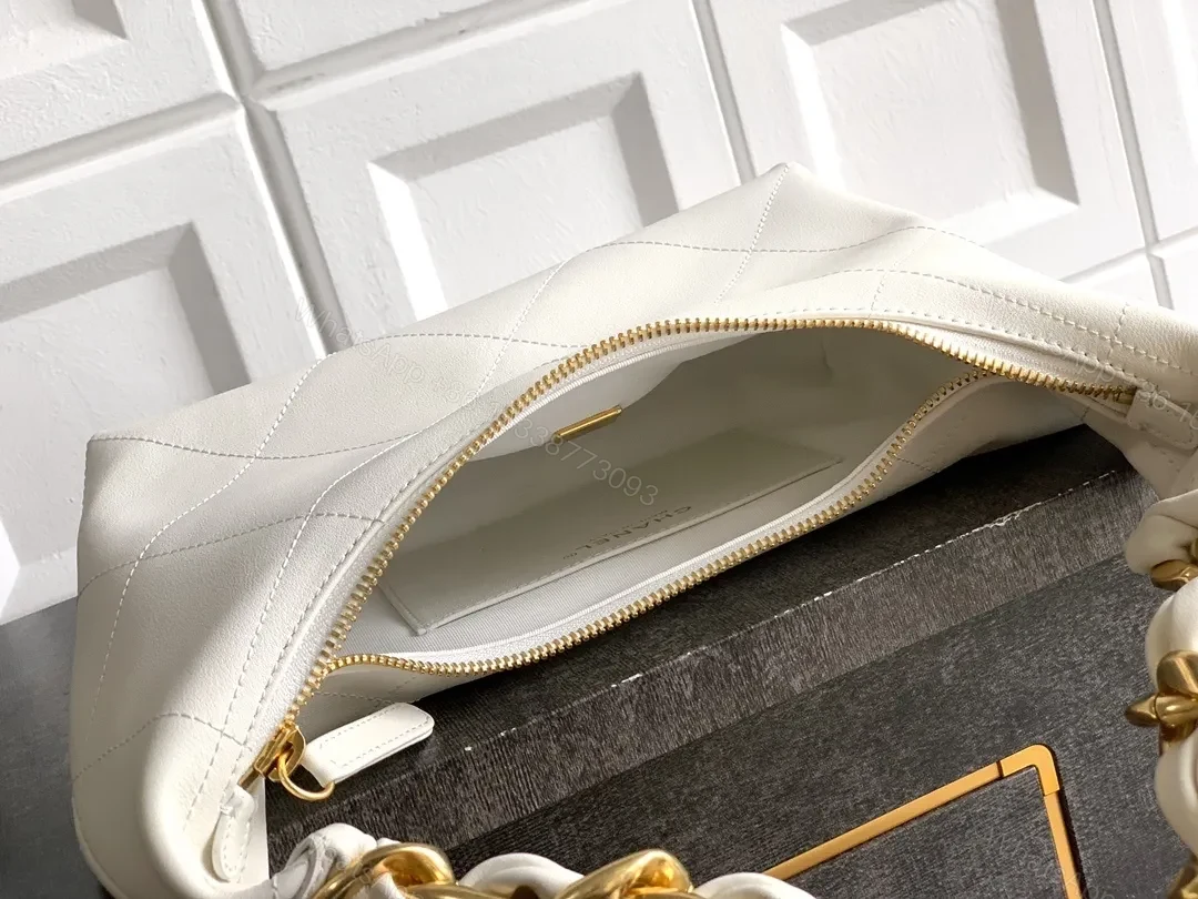 View 7 of White Quilted Leather Handbag with Gold Chain