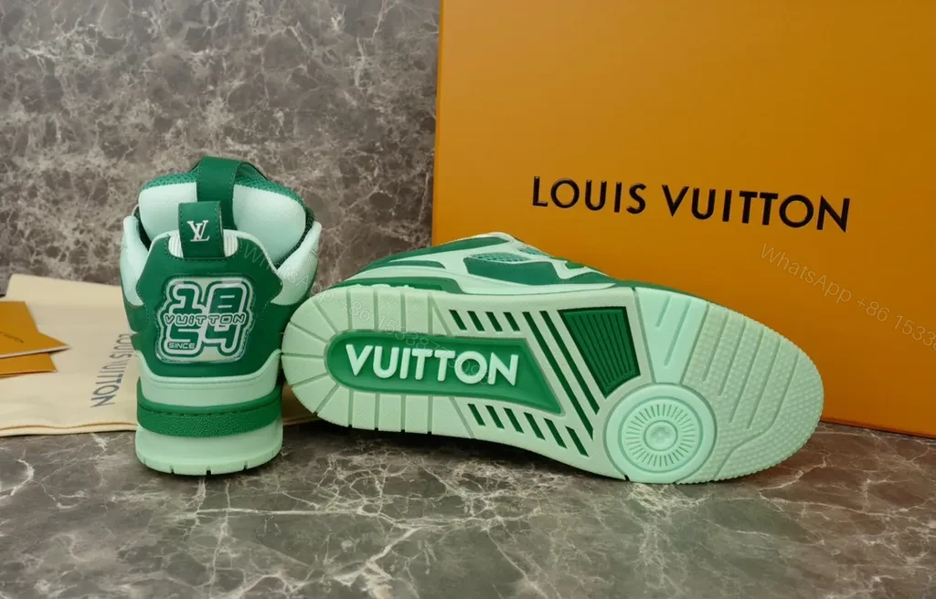 View 9 of Green-Accent Luxury High-Top Sneakers with LV Craftsmanship