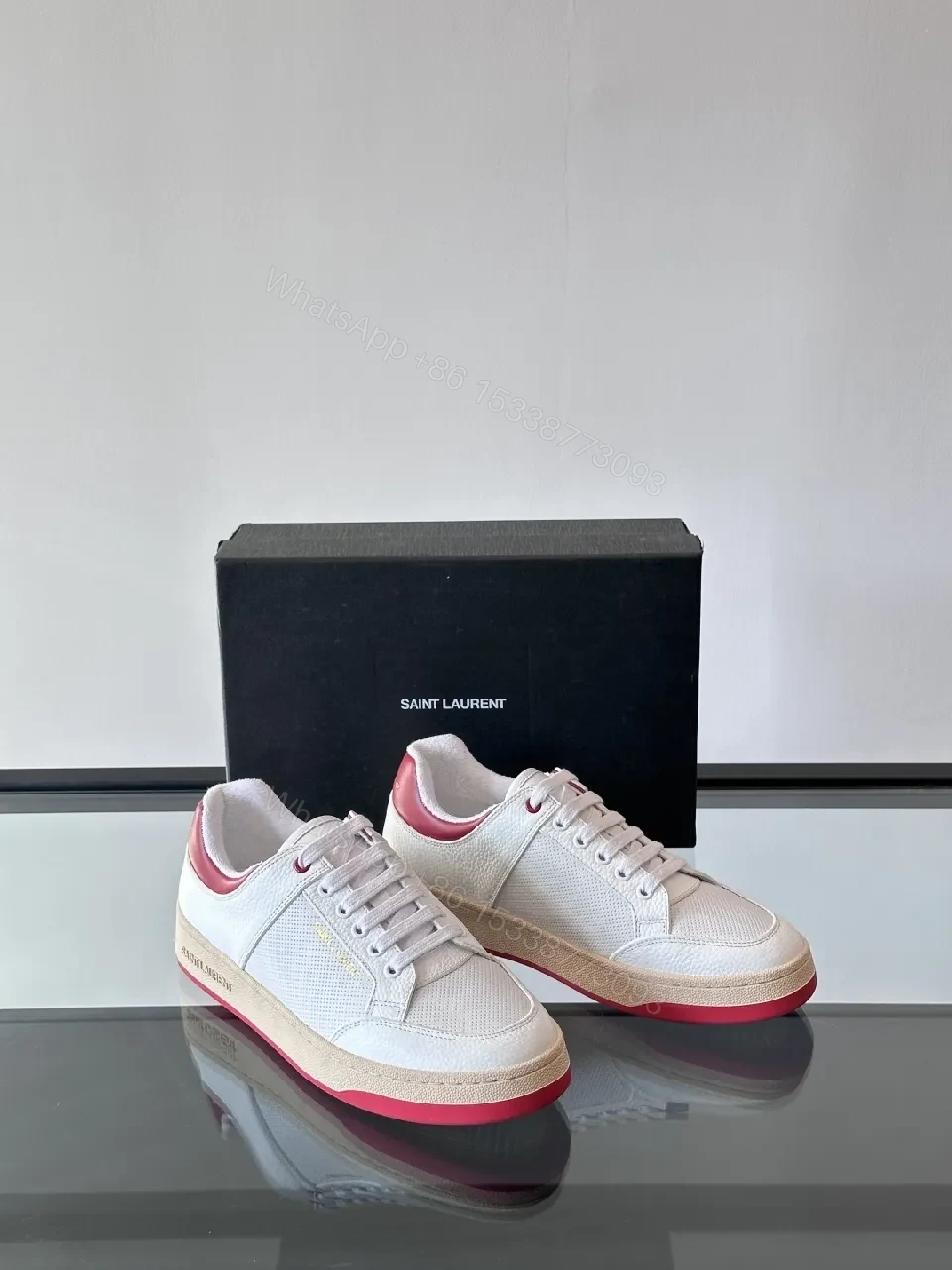 White Leather Low-Top Sneakers with Rose Accents, Modern Comfort — view 1