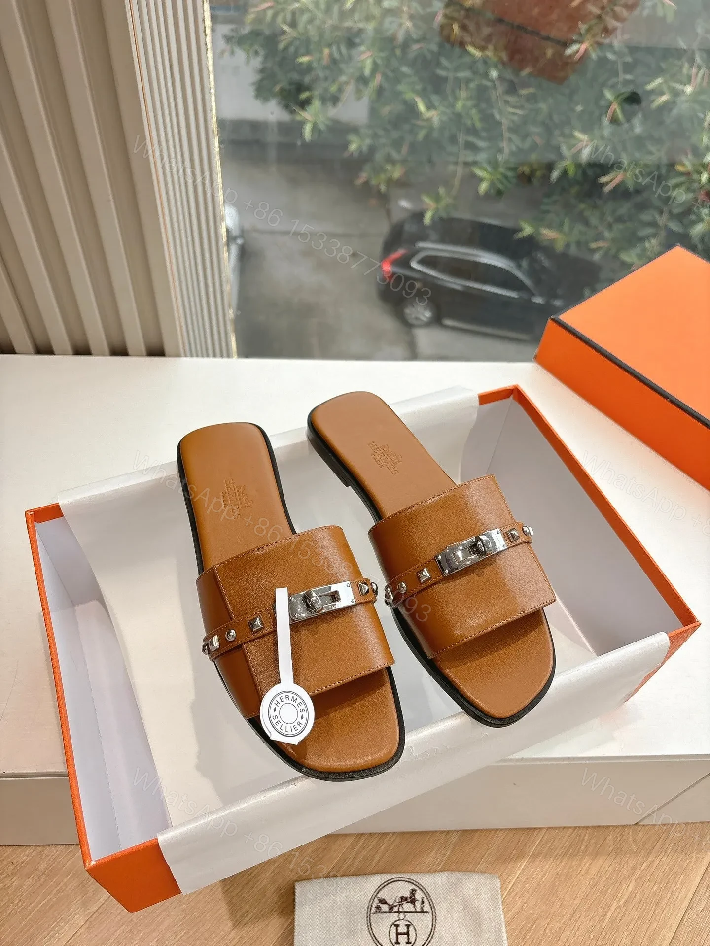 View 3 of Hermes Women Brown Leather Slide Sandals
