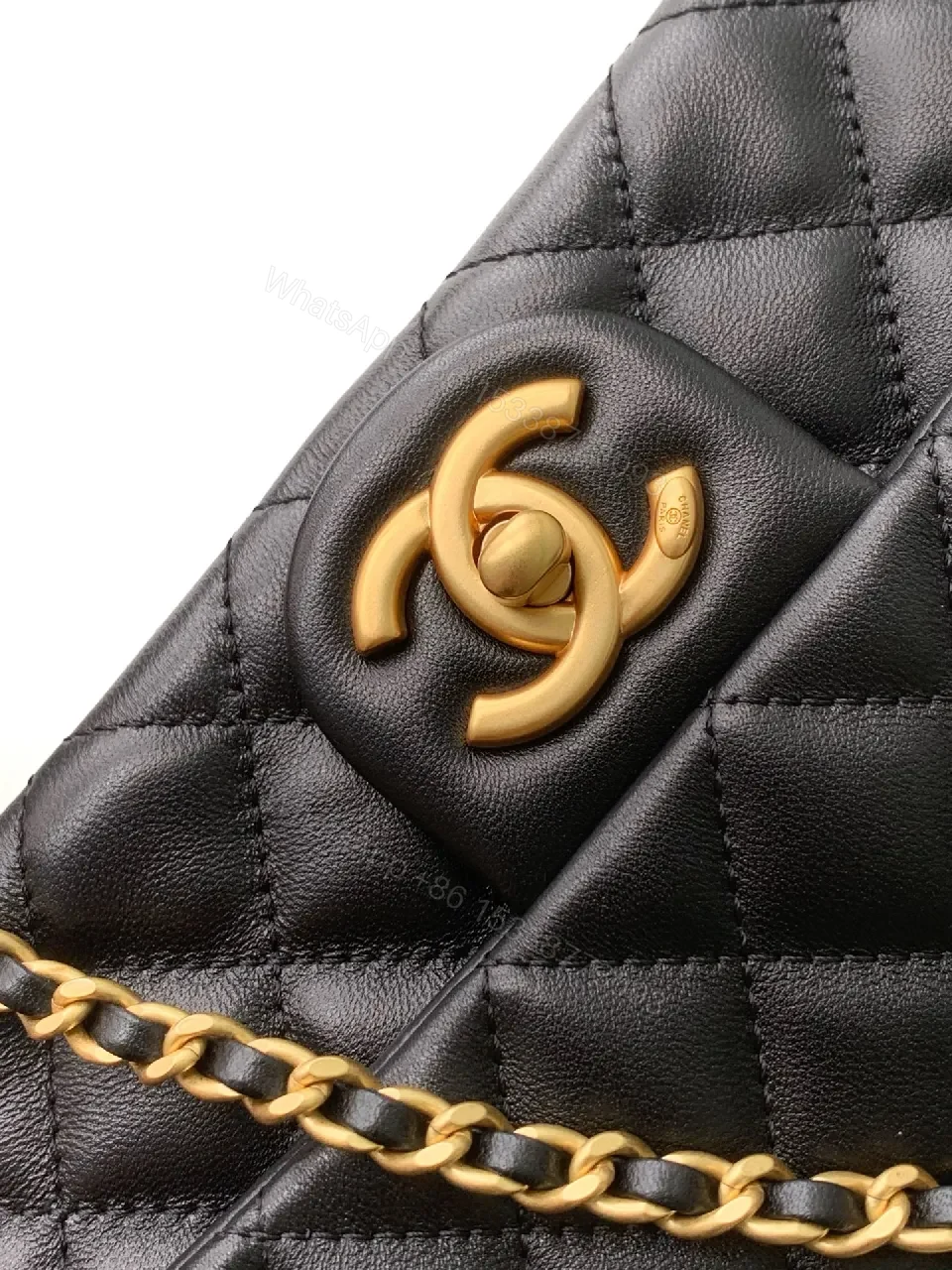View 4 of Quilted Black Leather Crossbody, Gold Hardware, Luxury