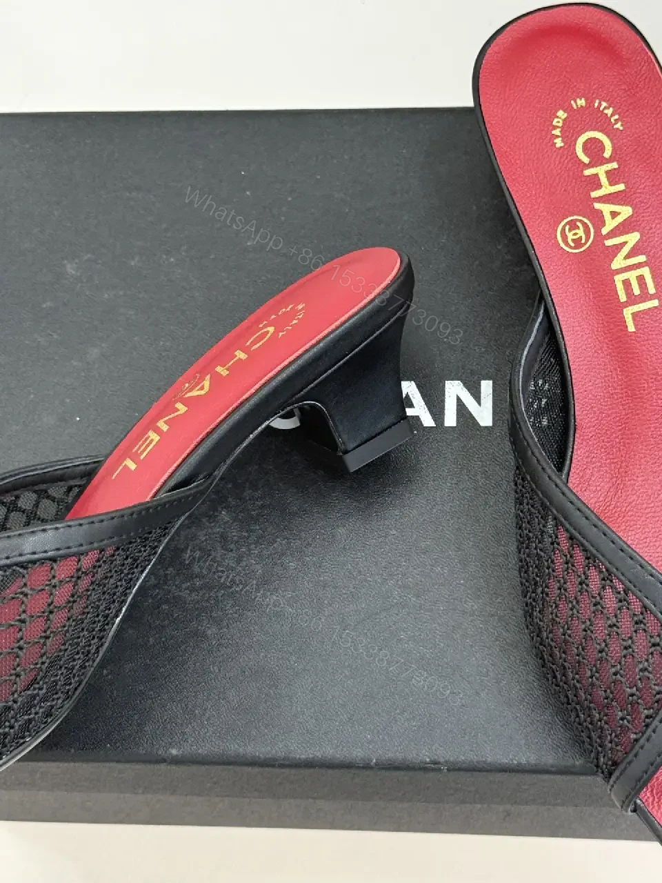 View 6 of Red/Black Satin Mesh Slip-On Heels Quilted Chain Bag (Chanel-inspired)