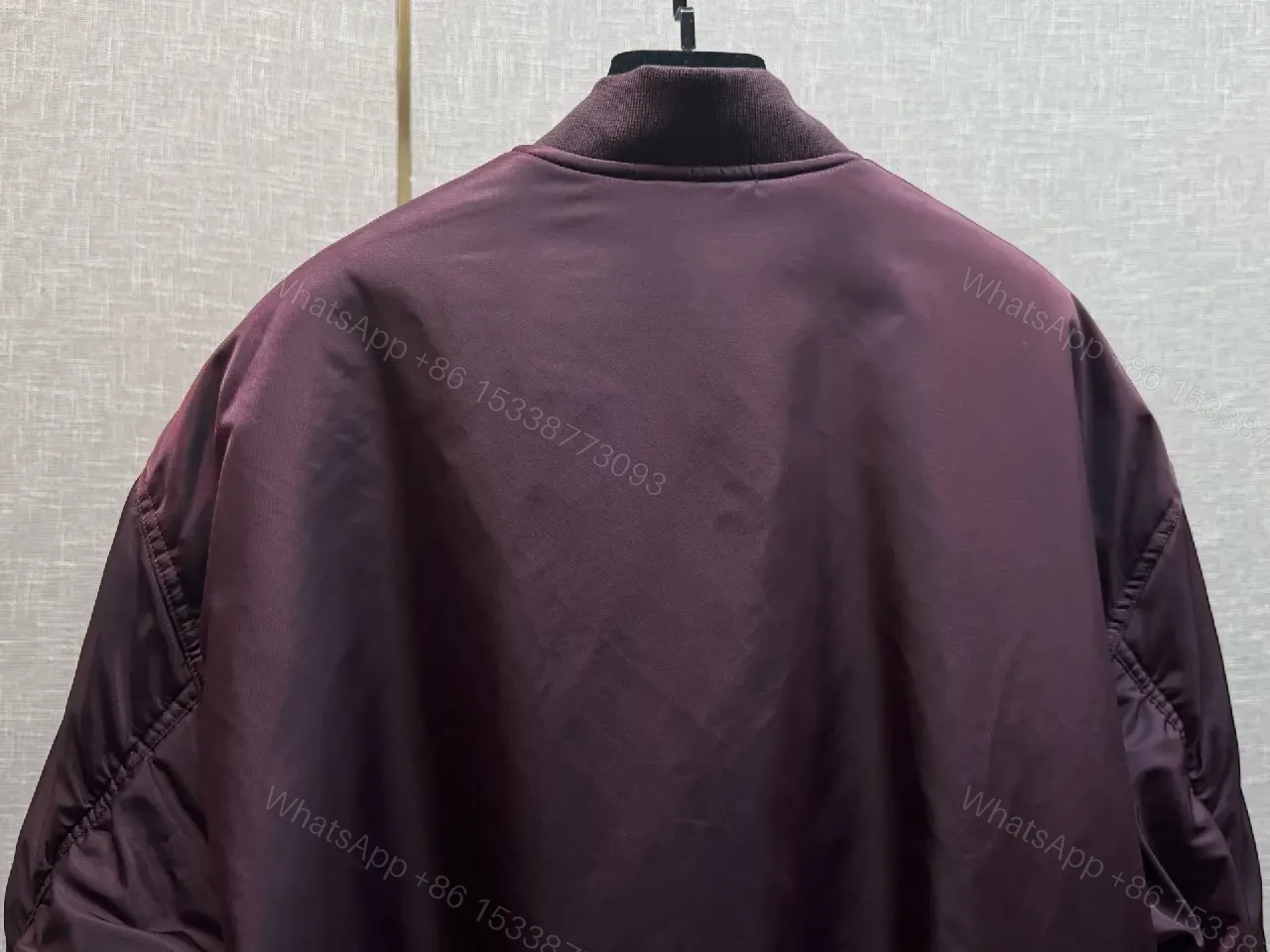 View 6 of Burgundy Satin Bomber with Crest Patch — Luxe Everyday Outerwear