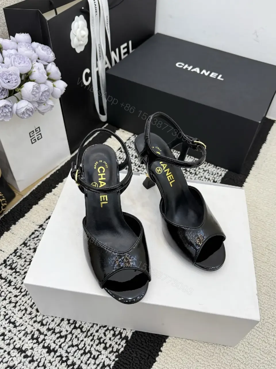 View 4 of Glitter-Accent Patent High-Heel Sandals - Strappy, Open-Toe, Ankle-Glitz