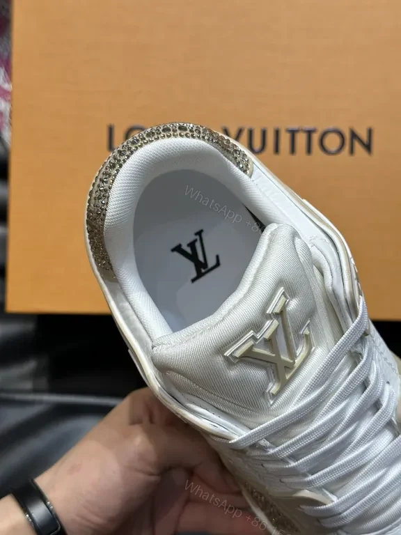 View 4 of White Leather Sneakers with Gold Accents, Perforated Toe, LV Logo