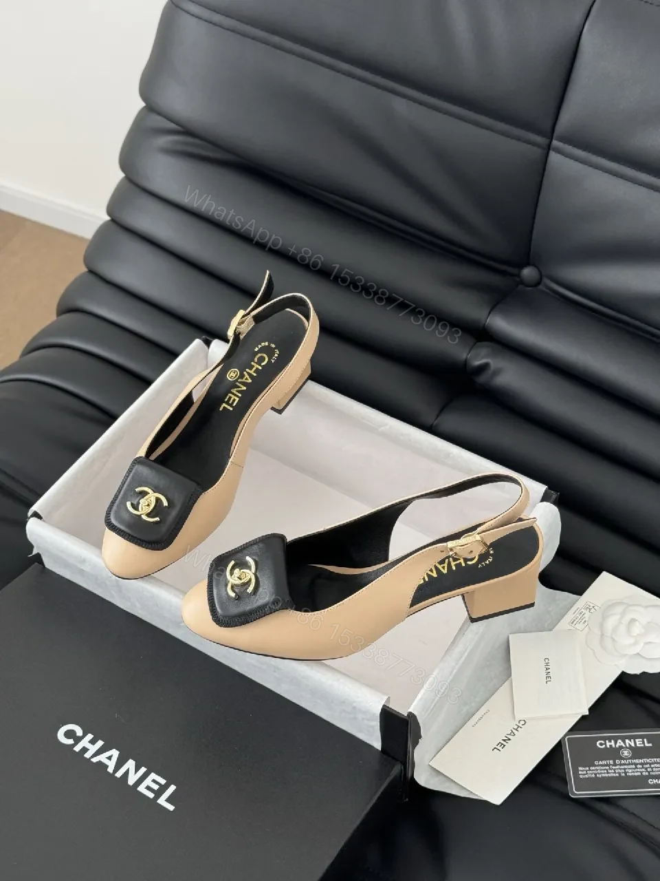 View 2 of Nude-Black Two-Tone Leather Slingback Sandals, Luxe Comfort