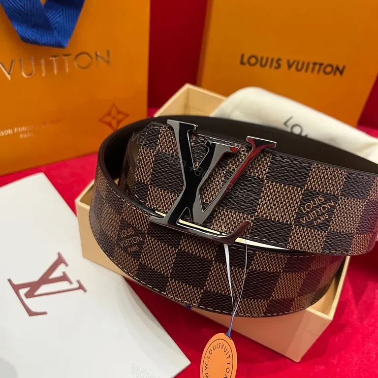 View 8 of Leather-Luxe LV Belt: Damier Pattern, Logo Buckle, All-Day Comfort