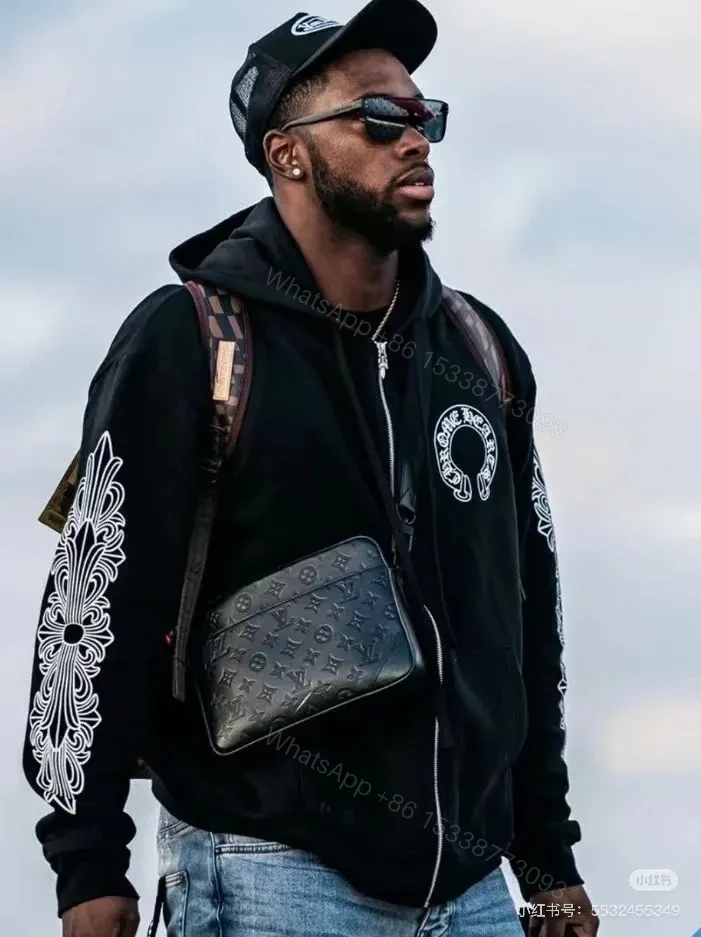 View 6 of Premium Black Zip Hoodie with Ornate Sleeve Embellishments