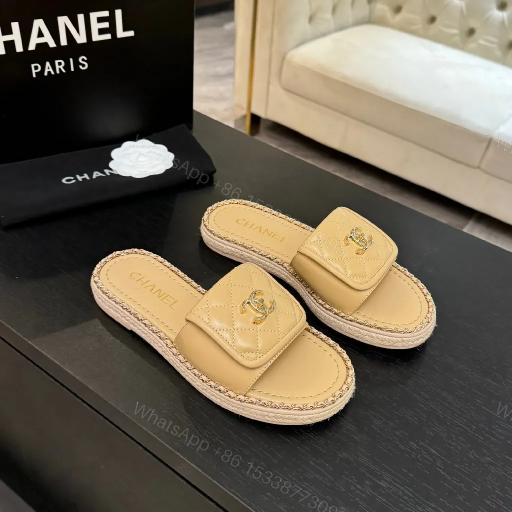 Beige Quilted Slide, Gold Logo, Designer-Inspired Comfort — view 1