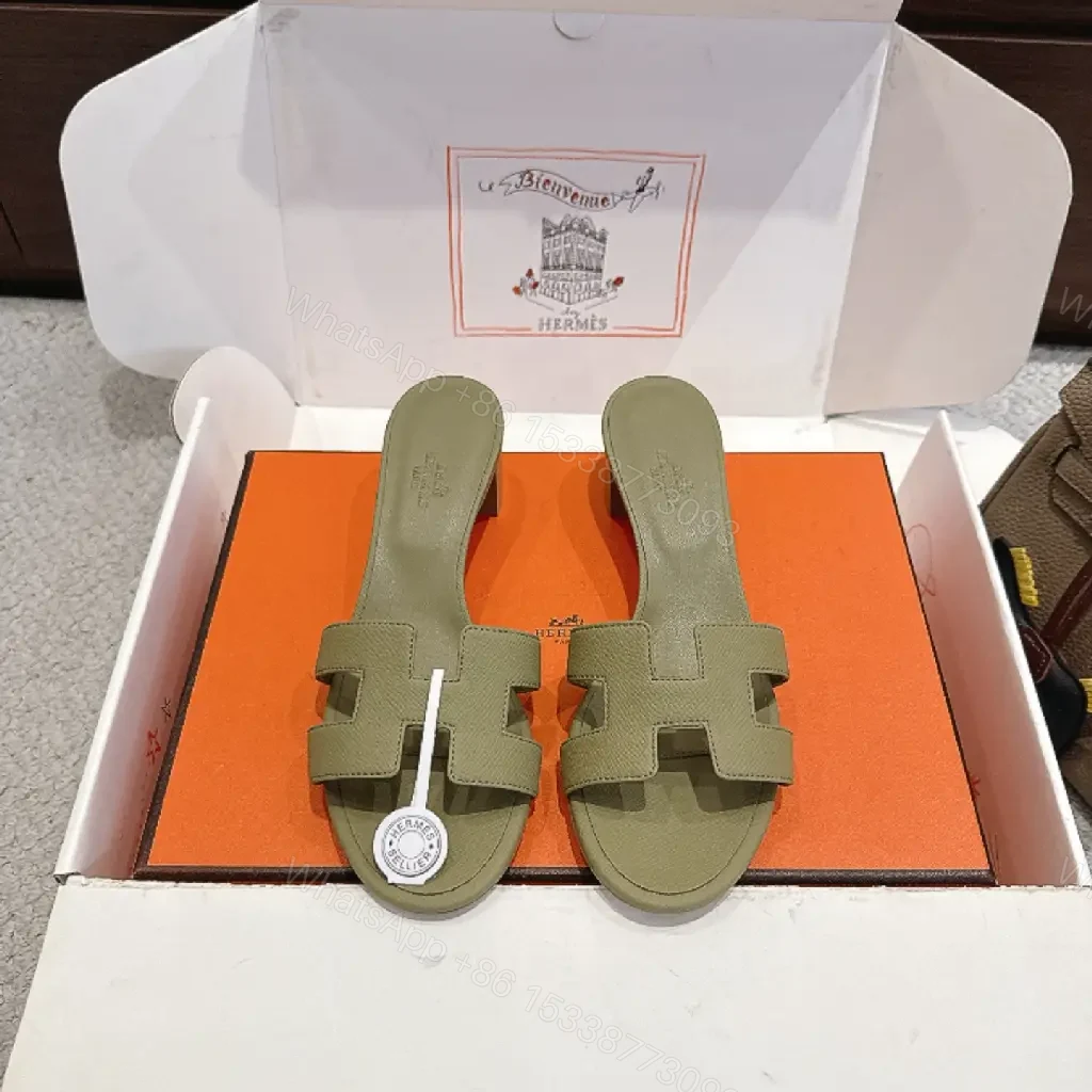 View 10 of Olive Green Leather H-Style Sandals Hermès Style Slide