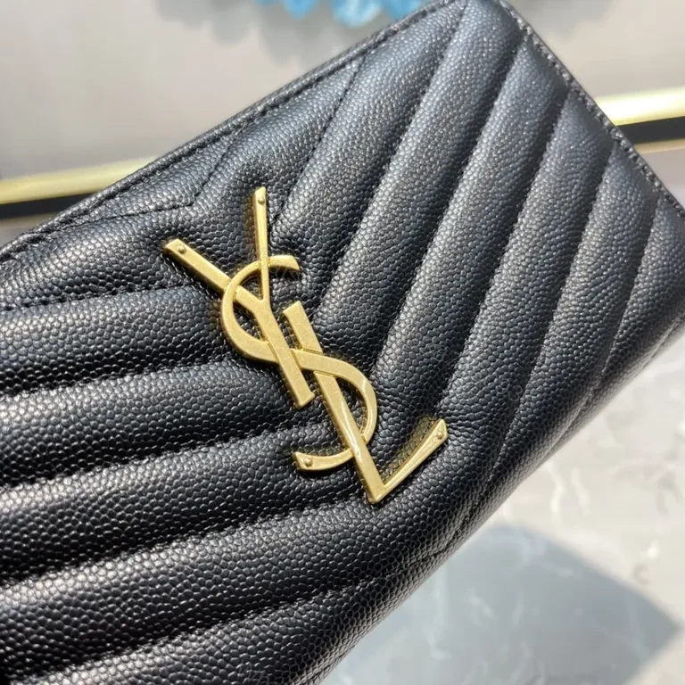View 7 of Quilted Black Calfskin Wallet with Gold YSL Logo