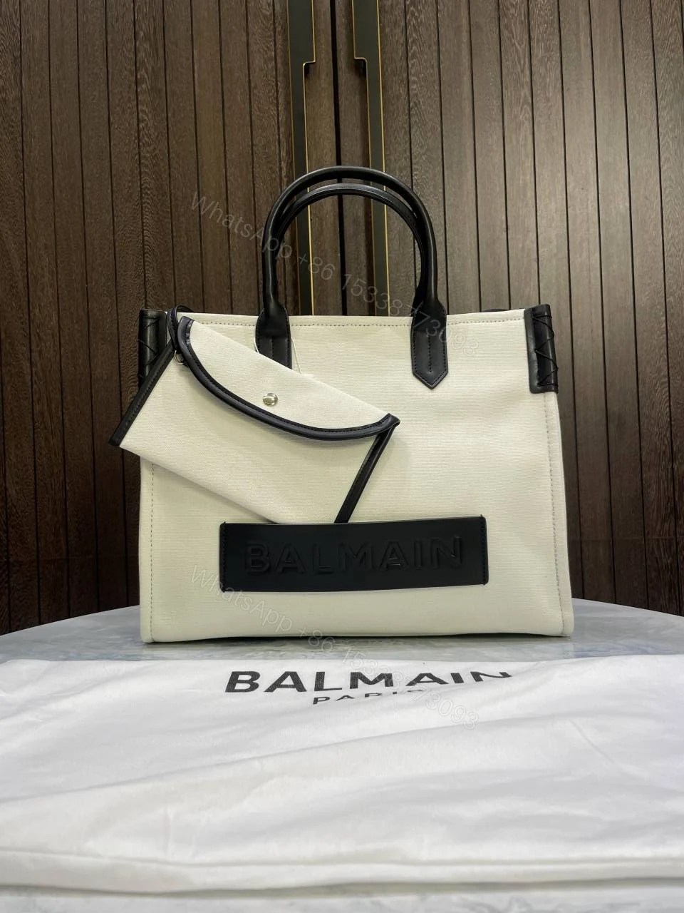View 3 of First Copy Balmain Paris White Structured Tote Bag With Black Trim And Premium Finish