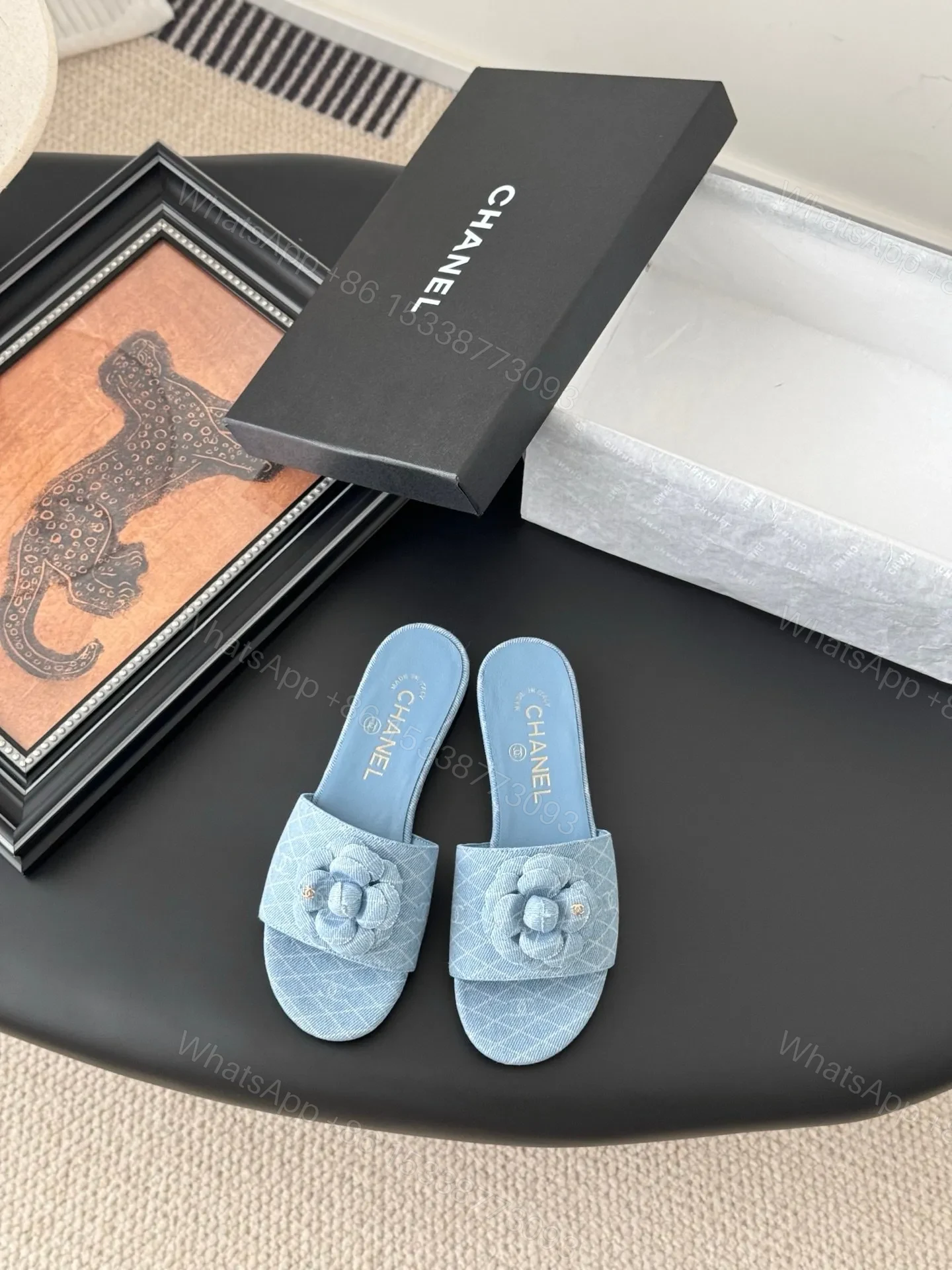 Chanel Women Light Blue Fabric Slides — view 1