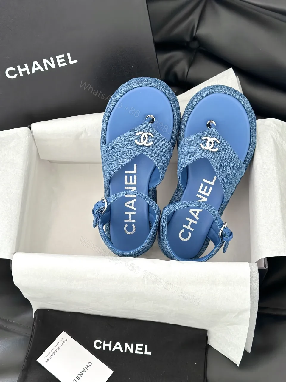 View 6 of Blue Denim Mule Sandals – Premium Chic, Logo Detail, Open-Toe