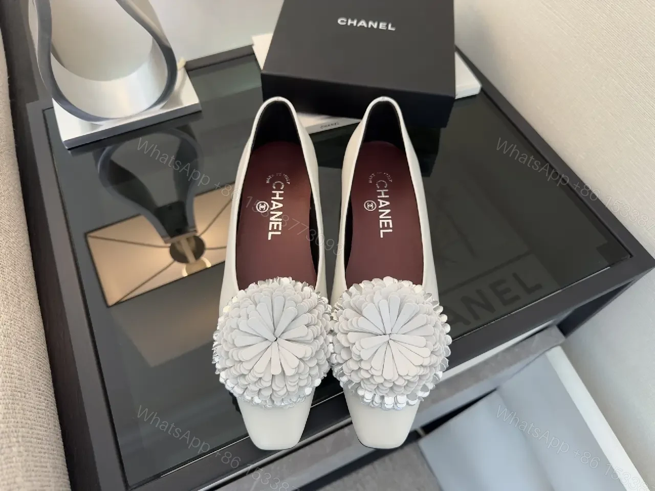 View 9 of White Leather Flats with Crochet Pom Floral—Chic Pointed-Toe Pumps