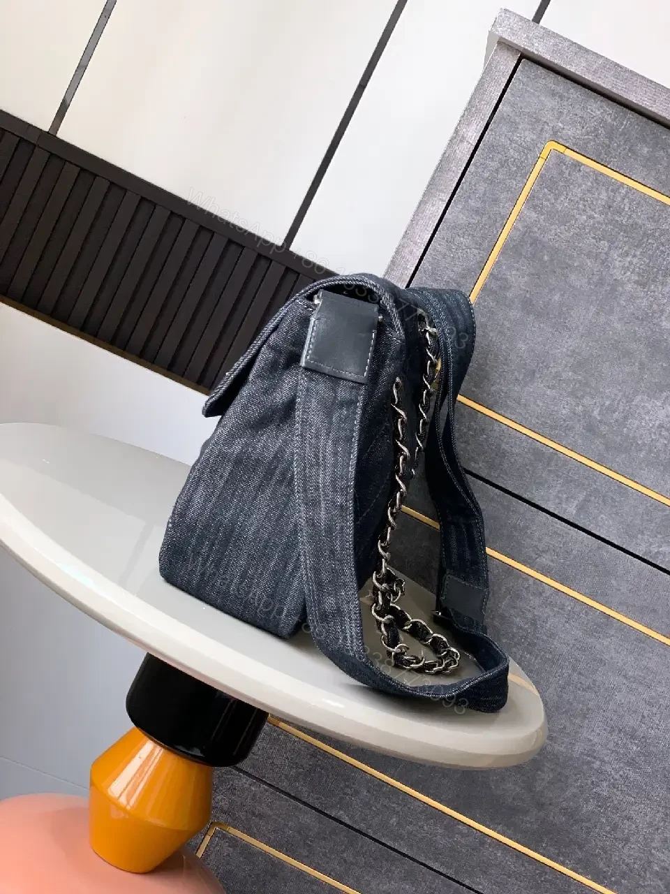 View 10 of Denim Quilted Flap Bag with Signature Chain Closure