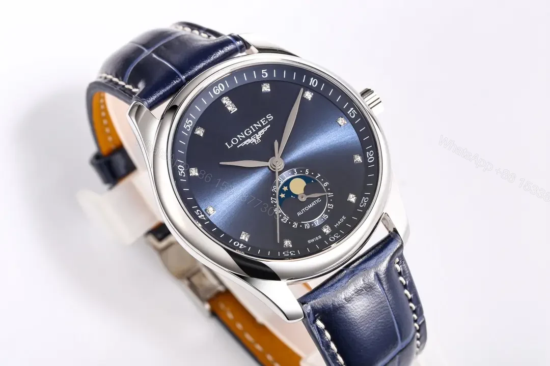 View 6 of Longines Master Collection Moonphase 40mm Watch Blue Dial Leather Strap