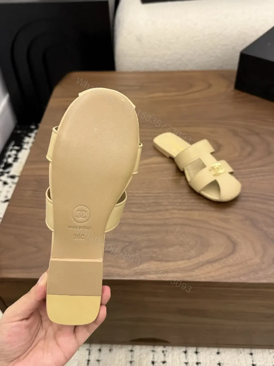 View 3 of Beige Leather Slide Sandals with Chanel Logo, Flat Heel