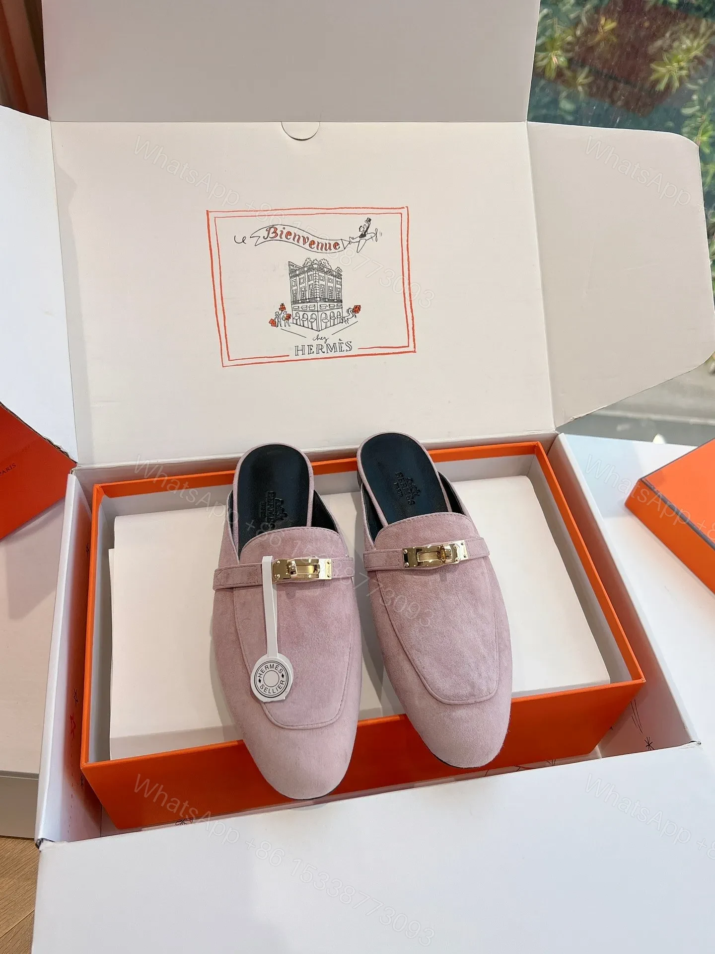 View 3 of Hermes Women Pink Suede Mules