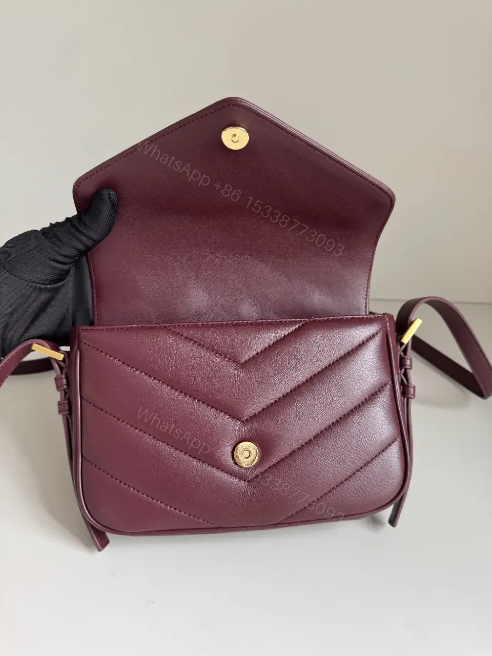 View 10 of Quilted Leather Crossbody Bag: Burgundy, Gold-Tone, Chic Evening
