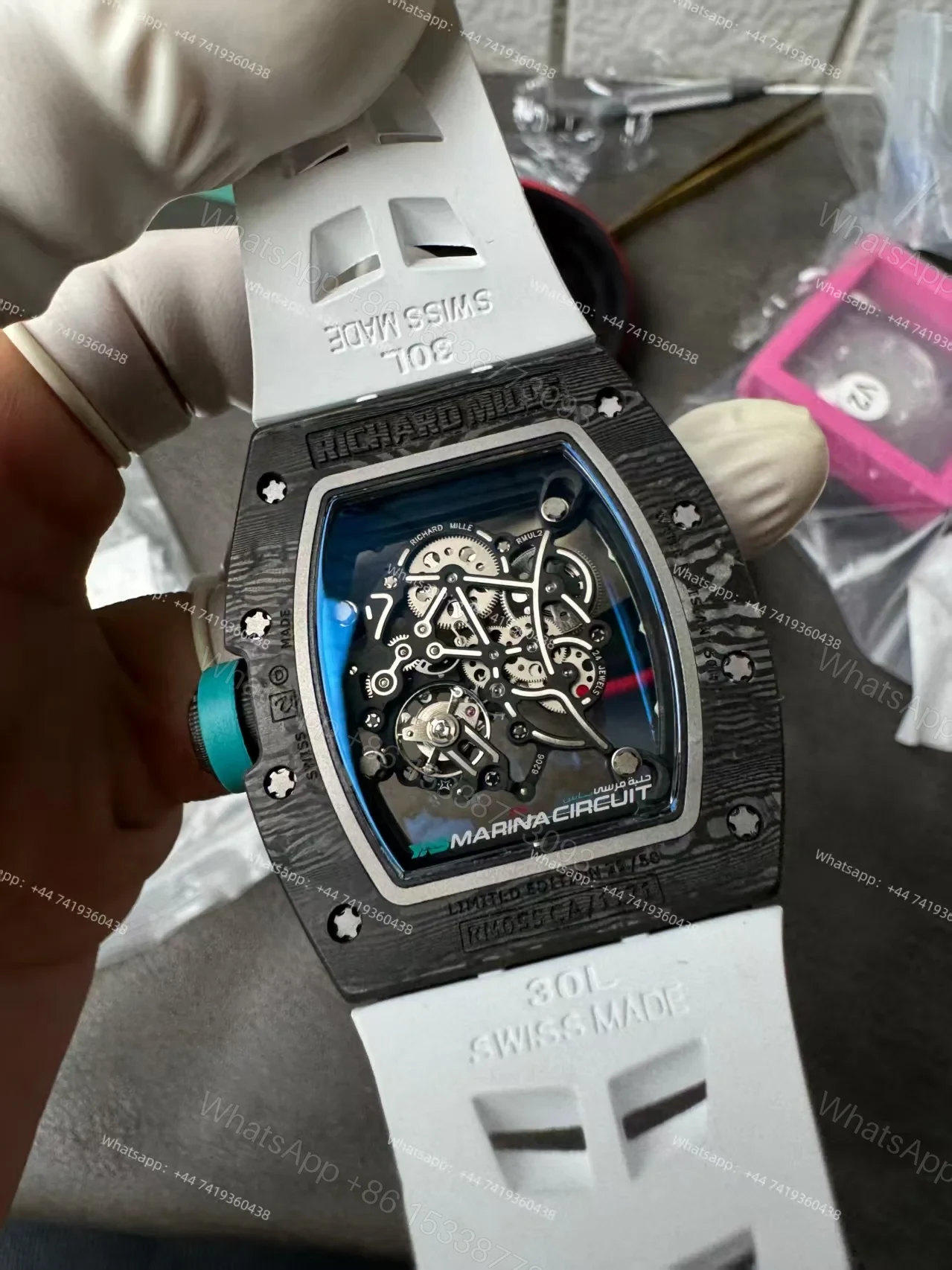 View 4 of Richard Mille RM 055 “Yas Marina Circuit” Carbon TPT Vaucher Free-Sprung White Rubber Strap Custom Super Clone