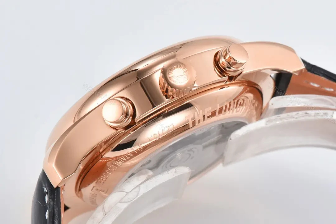 View 8 of Longines Master Collection Moonphase Chronograph Watch Rose Gold with White Dial and Brown Leather Strap
