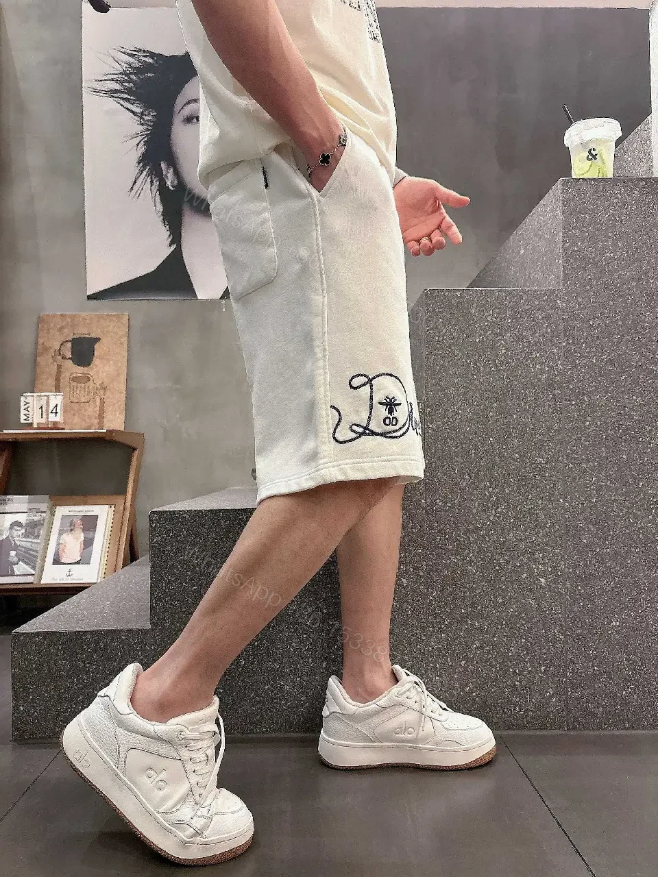 View 11 of White Knit Shorts Cotton Blend Casual Embroidered Script Short pants