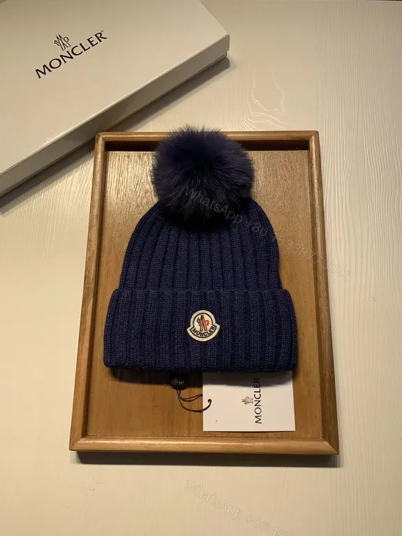 View 2 of Navy Rib Knit Beanie with Plush Pomâ€”Moncler Luxe Gift Box