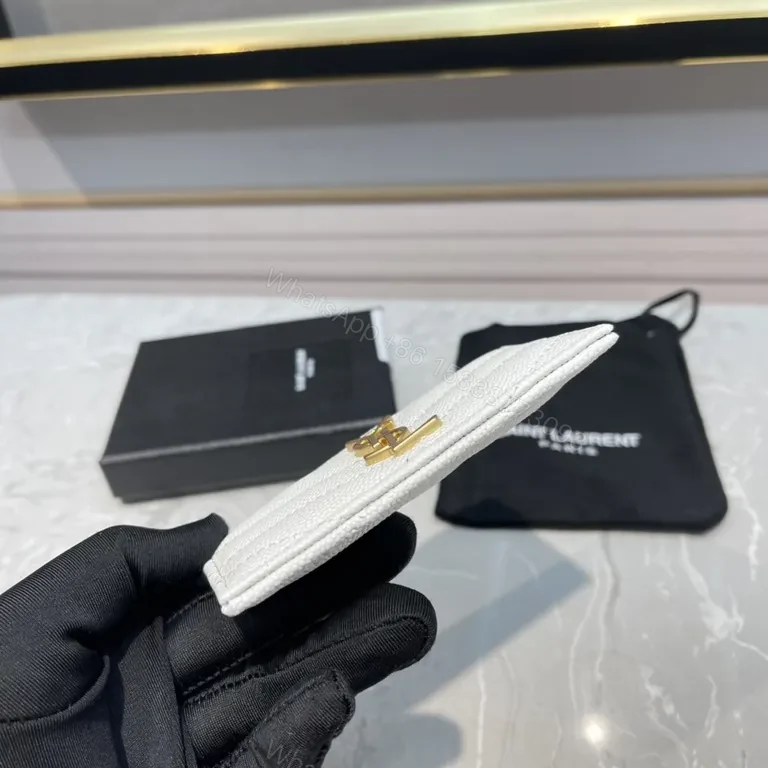 View 8 of White Textured Leather Cardholder with Gold YSL Emblem