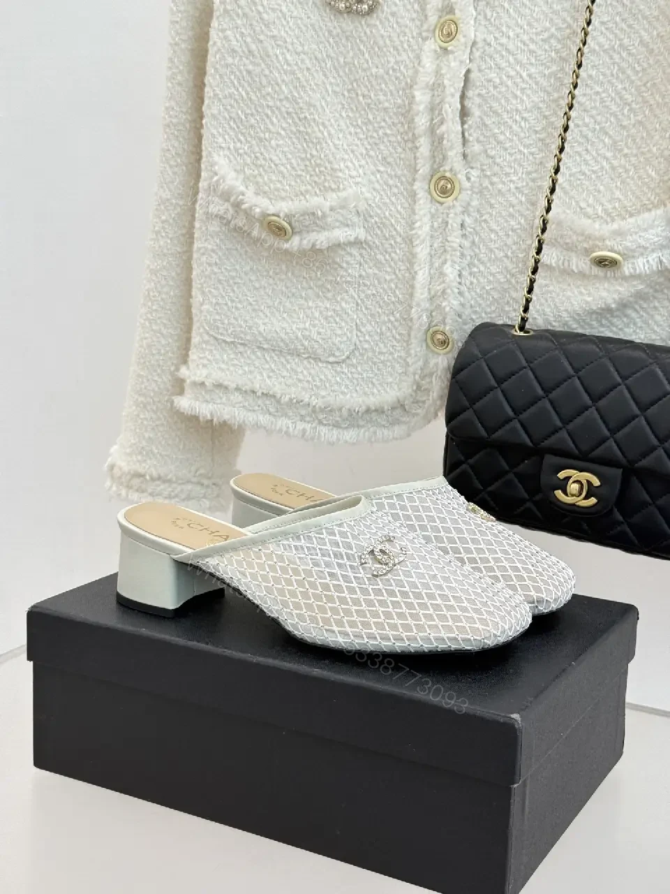 View 6 of White Mesh Mules Silver Heel Classic Chanel Style Slippers