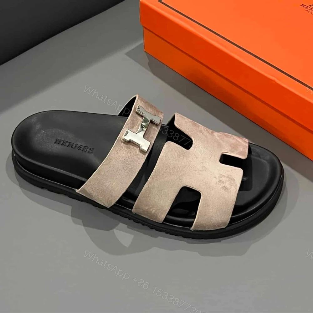 View 3 of Hermes Chypre Sandal Suede H Logo Silver Hardware Light Brown