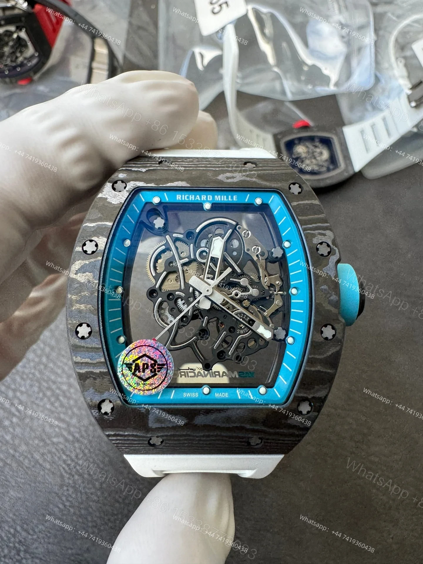 View 9 of Super Clone Richard Mille RM 055 Carbon TPT Blue Inner Bezel White Rubber Strap 1:1 Replica Watch