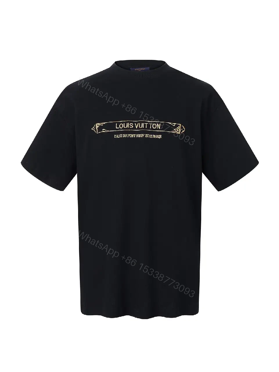 View 4 of Black Cotton Graphic Tee with Gold Logo Bar
