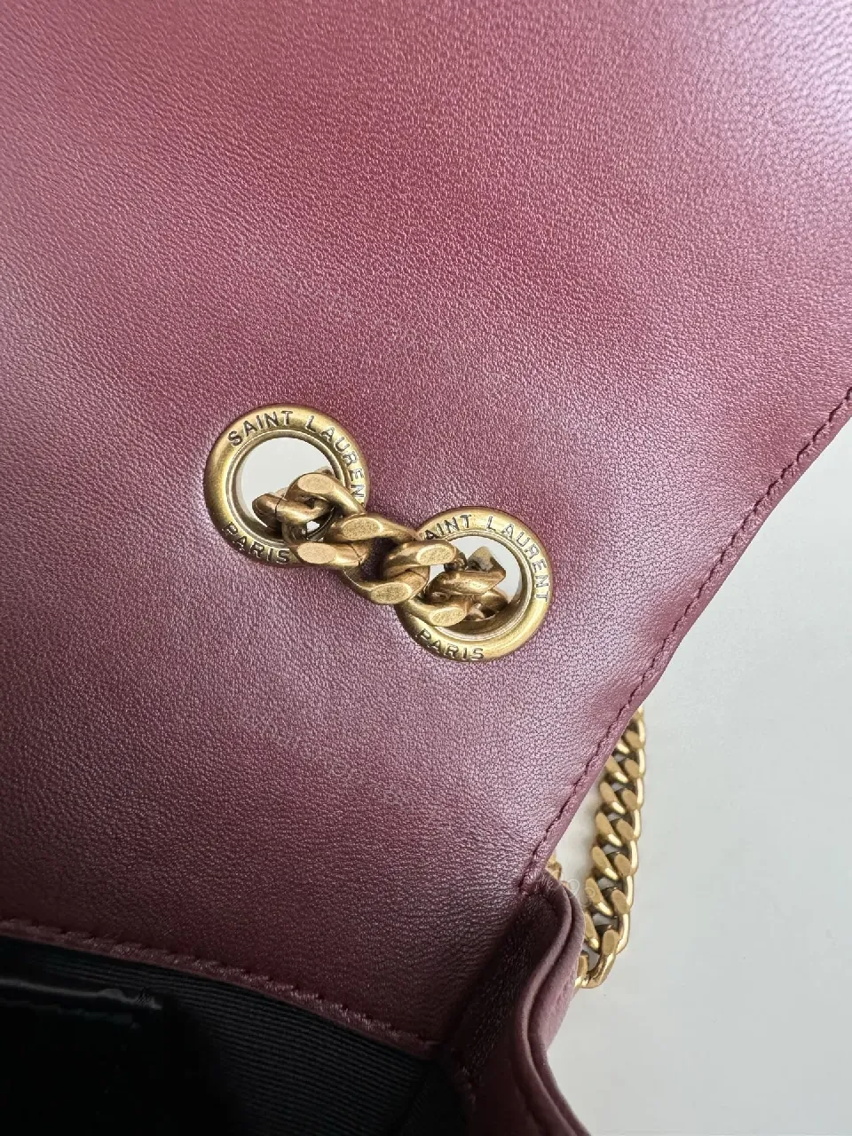 View 5 of Burgundy Quilted Satchel with Gold Chain Detail