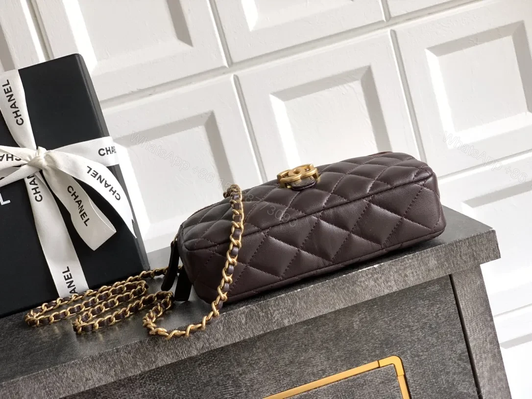 View 6 of Small Leather Crossbody: Diamond Quilt, Gold Logo, Velvet Trim, Everyday Luxe