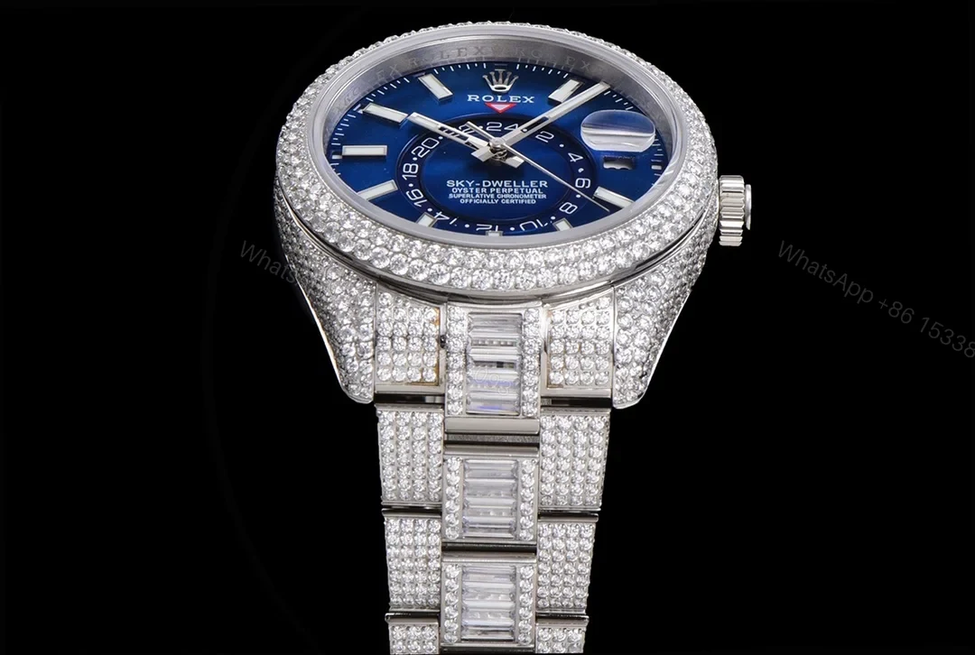 View 4 of Rolex Sky-Dweller Blue Diamond Replica 42MM Premium Full Pavé Steel Bracelet RG-ROLEX-SKYDWELLER-BLUE-DIAMOND-42