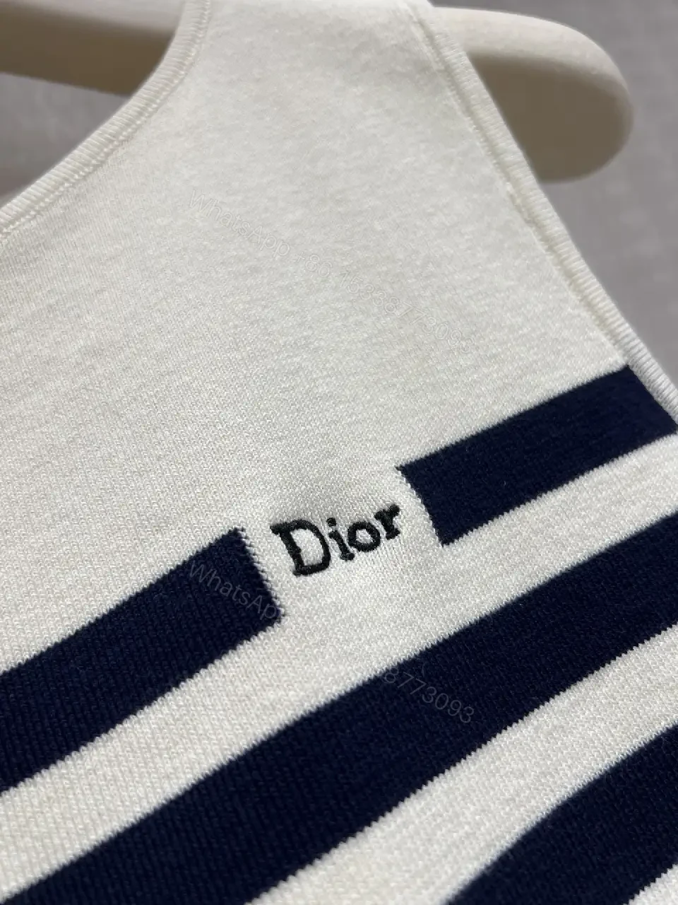 View 5 of White Navy Stripe Sleeveless Knit Tank Top - Dior Logo Patch Upgrade