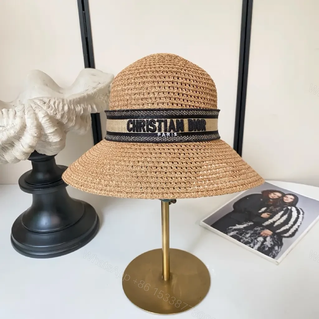 View 5 of Natural Tan Straw Hat • Crochet Lattice Texture • Boater Style • Wide Brim Sun Hat with Dior Band • Product Type: Hat