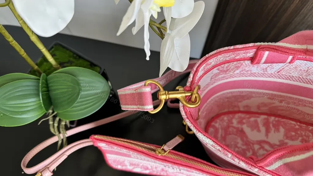 View 8 of Bold Pink Toile Dior Tote & Clutch Set
